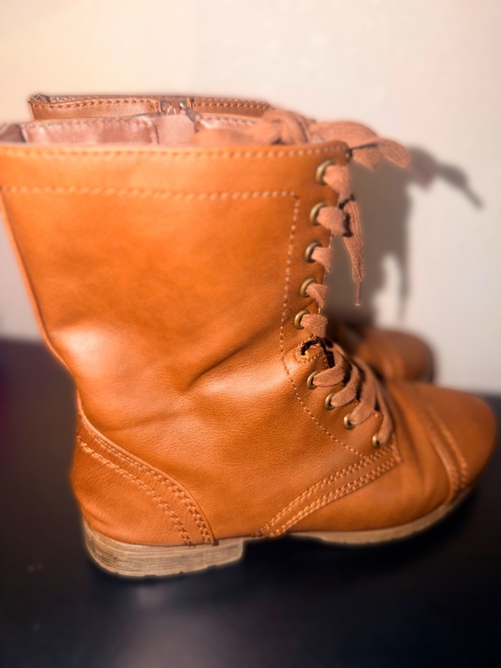 Women's Tan Lace-Up Combat Ankle Boots